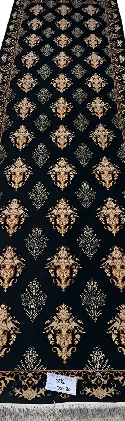 "Sophisticated black Persian runner rug with silk and wool fibers, meticulously hand-knotted in Isfahan, offering rich patterns and colors. Size: 300 cm x 80 cm."